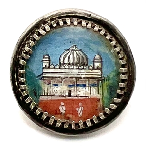 Architectural painting of domed building set in silver button.