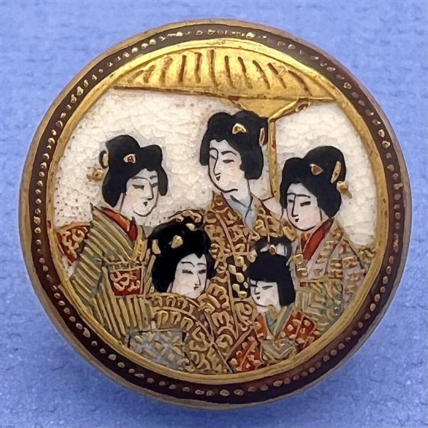 Japanese Satsuma button of group of Geiko women under an umbrella.