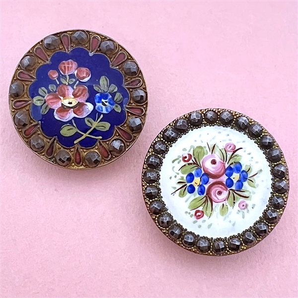 Two 19th c. enamel buttons of flowers with borders of cut-steels.