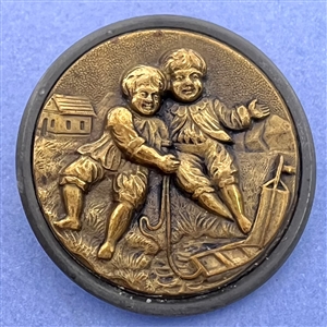 “Boating" brass button of two boys playing with sailboat.