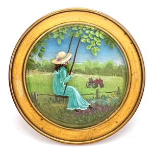 Extra large painted under glass button that may be inspired by Kate Greenaways “The Swing."