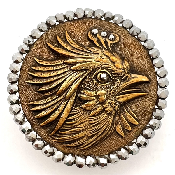 HUGE brass button of a  rooster with faceted cut-steels.