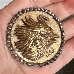 HUGE brass button of a  rooster with faceted cut-steels.