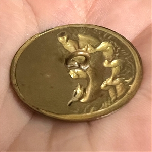 Brass button of ducks riding in a wooden clog boat.