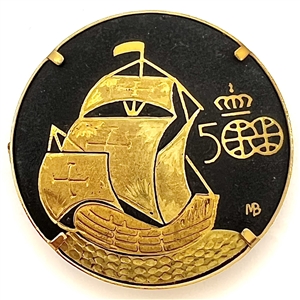 Damascene sailing ship button with verbal.