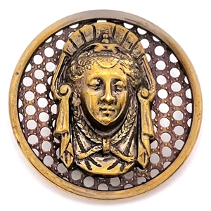 Brass screen back button of a royal womans head.