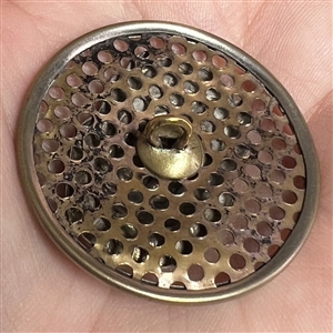 Brass screen back button of a royal woman's head.