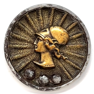 Steel cup button of a Greek womans head.