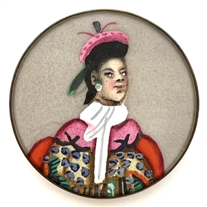 Painting on silk fabric button of an Asian man.
