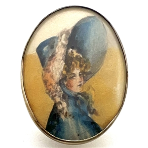 HUGE oval painting of a woman in huge hat set in silver button.