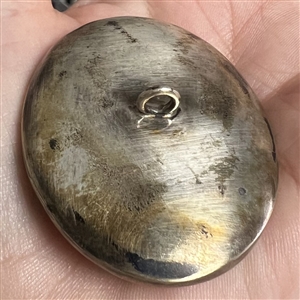 HUGE oval painting of a woman in huge hat set in silver button.