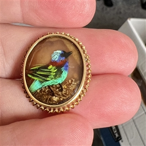 Bird button with real bird feathers over pearl under glass set in metal.