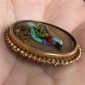 Bird button with real bird feathers over pearl under glass set in metal.