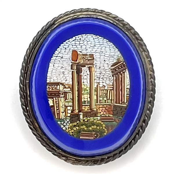 Oval Italian micro mosaic set in a cobalt glass of Greek buildings.