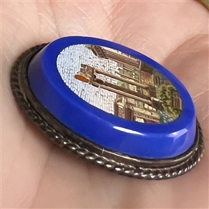 Oval Italian micro mosaic set in a cobalt glass of Greek buildings.