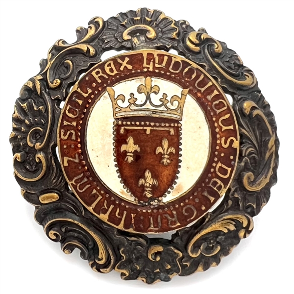 Large brass button with enamel center of verbal around French shield and crown.