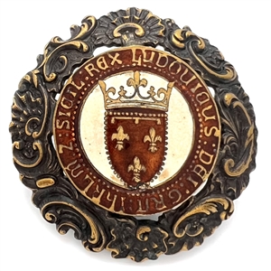 Large brass button with enamel center of verbal around French shield and crown.