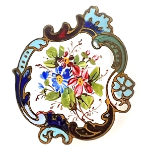 Enamel button of flowers with unusual Rococo border.