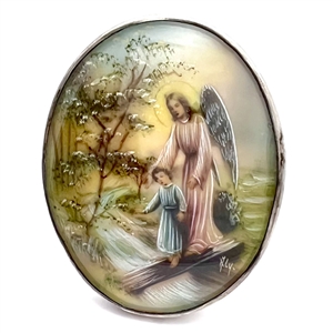 HUGE painting on natural material of an angel helping a child cross a bridge.