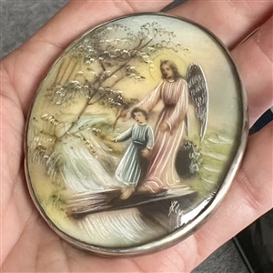 HUGE painting on natural material of an angel helping a child cross a bridge.