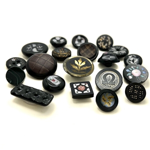 Twenty black glass buttons.