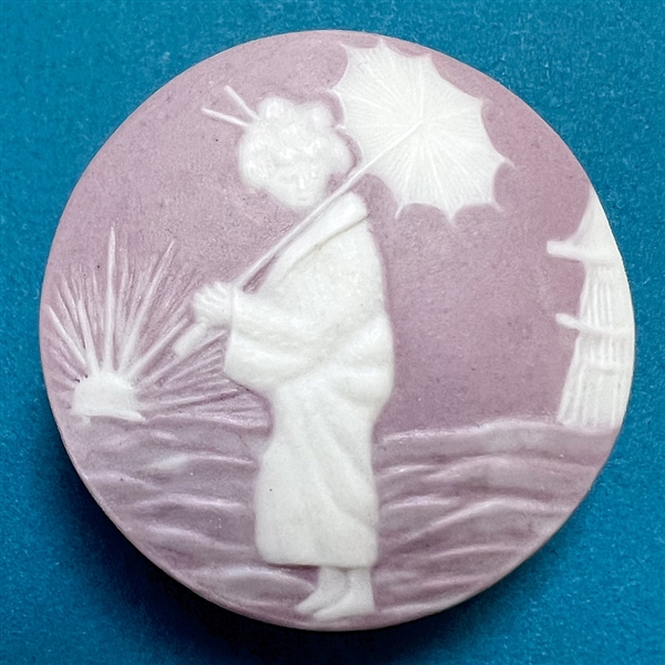 Unusual purple Jasperware studio button of Japanese woman by Stella Rzanski.