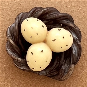 Vintage celluloid button of realistic nest with eggs.