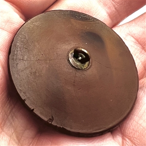 Brown glass button of birds and bird house.