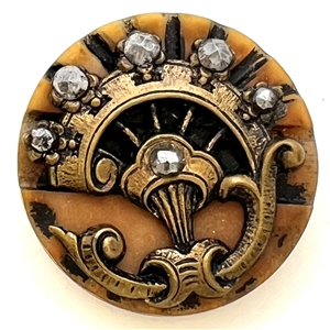 Brass escutcheon and cut-steels over carved vegetable ivory button.