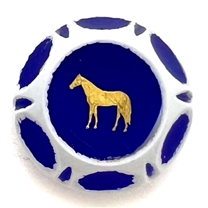 John Gooderham faceted glass paperweight studio button with gold foil horse.