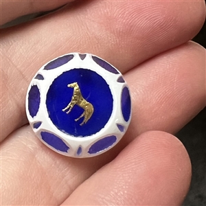 John Gooderham faceted glass paperweight studio button with gold foil horse.