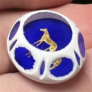 John Gooderham faceted glass paperweight studio button with gold foil horse.