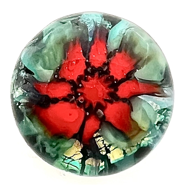 Mary Gaumonds torch-worked glass studio button of red flower.
