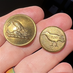 Two brass buttons - a crow work clothes and a livery crest of two birds fighting.