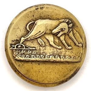 Gilded brass sporting button of wolf caught in a trap.