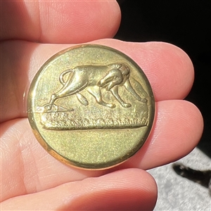 Gilded brass sporting button of wolf caught in a trap.