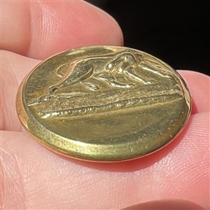 Gilded brass sporting button of wolf caught in a trap.