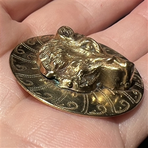 Brass button of a boar's head over a pattern.