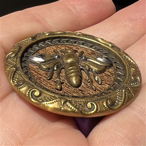 Brass button of a fabulous bee over a wood background. 