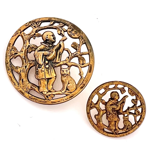 Two UNUSUAL gilded brass buttons in mother daughter sizes of clown playing an instrument with a cat.