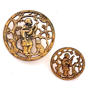 Two UNUSUAL gilded brass buttons in mother daughter sizes of clown playing an instrument with a cat.