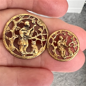 Two UNUSUAL gilded brass buttons in mother daughter sizes of clown playing an instrument with a cat.