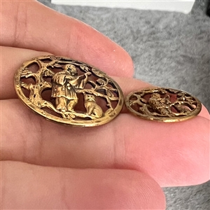 Two UNUSUAL gilded brass buttons in mother daughter sizes of clown playing an instrument with a cat.