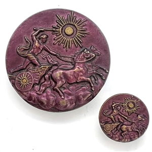 Two purple tinted brass buttons of “Phaethon" in mother daughter sizes. 