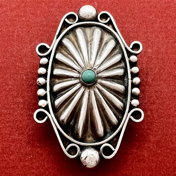 UNIQUE shaped Native American silver button with turquoise center. 