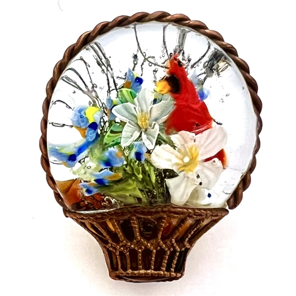 FANTASTIC basket of flowers with red cardinal glass studio button by Mary Gaumond.