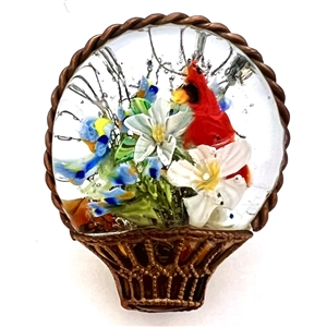 FANTASTIC basket of flowers with red cardinal glass studio button by Mary Gaumond.