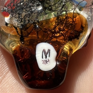 FANTASTIC basket of flowers with red cardinal glass studio button by Mary Gaumond.