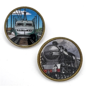 Two studio show buttons from NERBA 2005 by Phil Linley of the Orient Express trains.