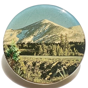 HUGE studio button of a mountain and landscape by Shirley Burgess.